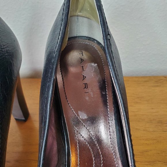 Tahari | Brigitte Black Buckle Peep Toe High Heels | Size 10 - Picture 9 of 12